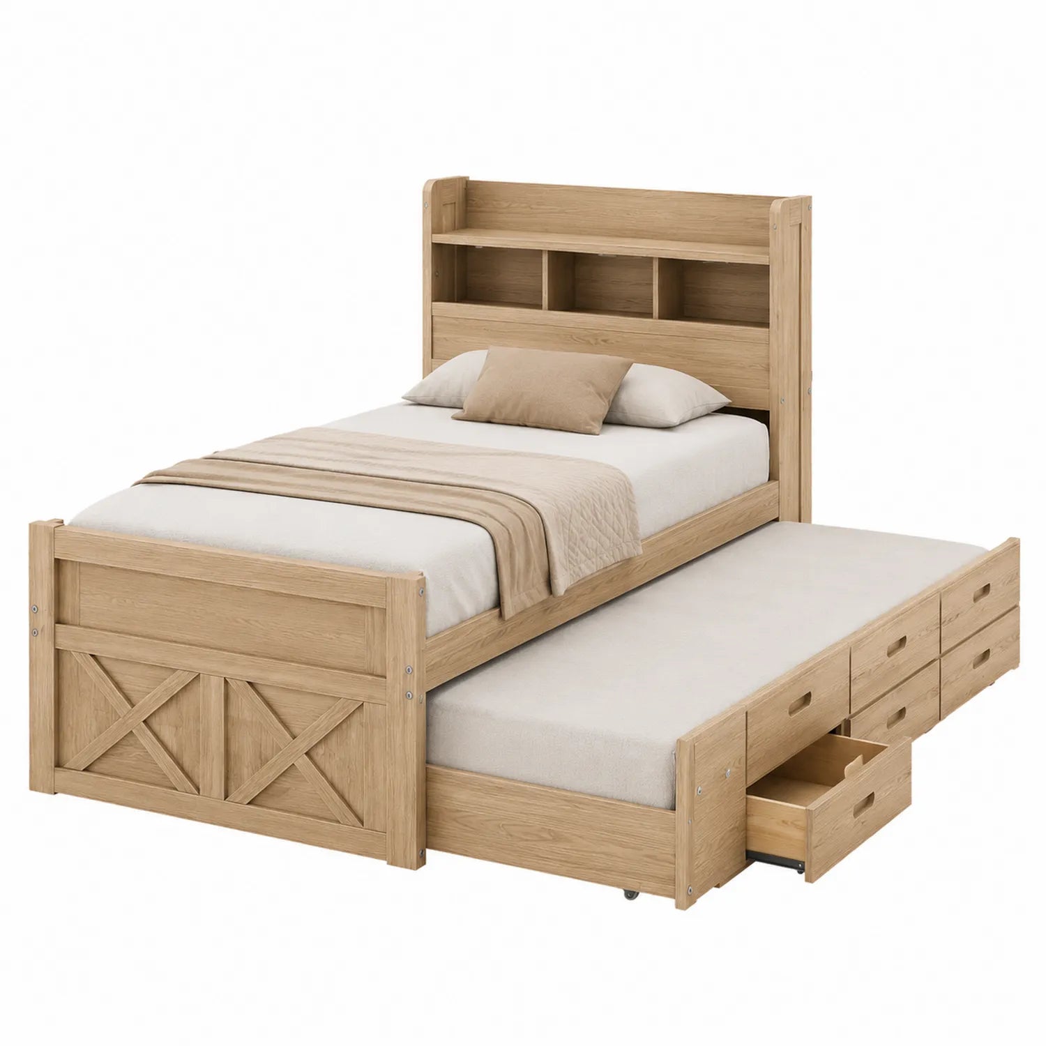 Einzelbett mit Stauraum und Ausziehbett Eichenholzoptik Natur
