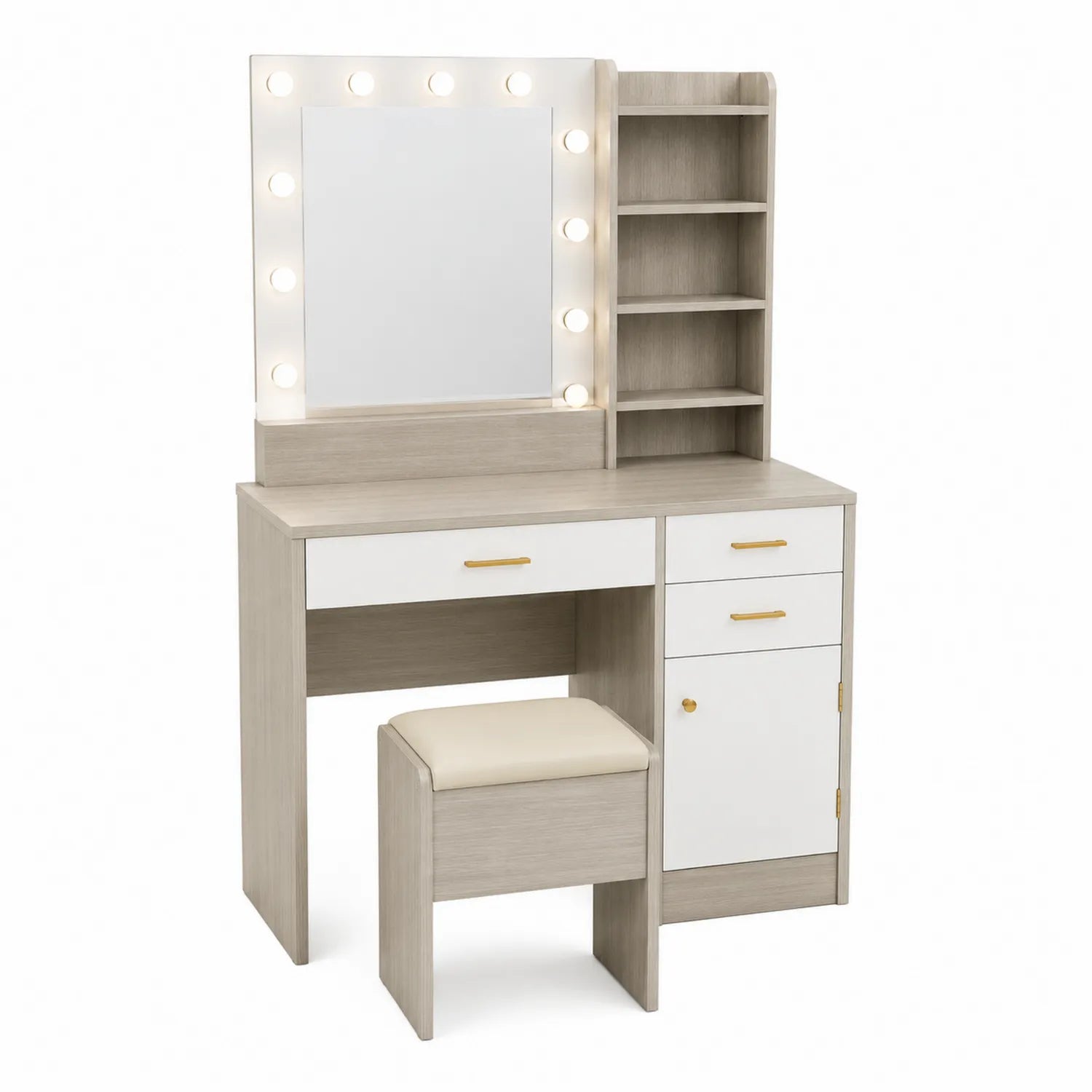 Schminktisch-Set mit beleuchtetem Spiegel und Hocker, Holz, Eiche Weiß