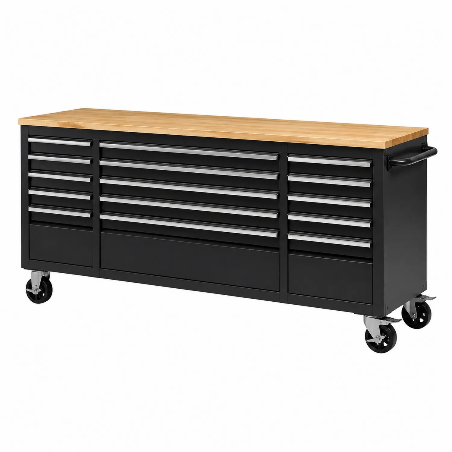 Werkzeugschrank aus Metall mit Holzoberfläche und 15 Schubladen, Schwarz 183x76x46cm