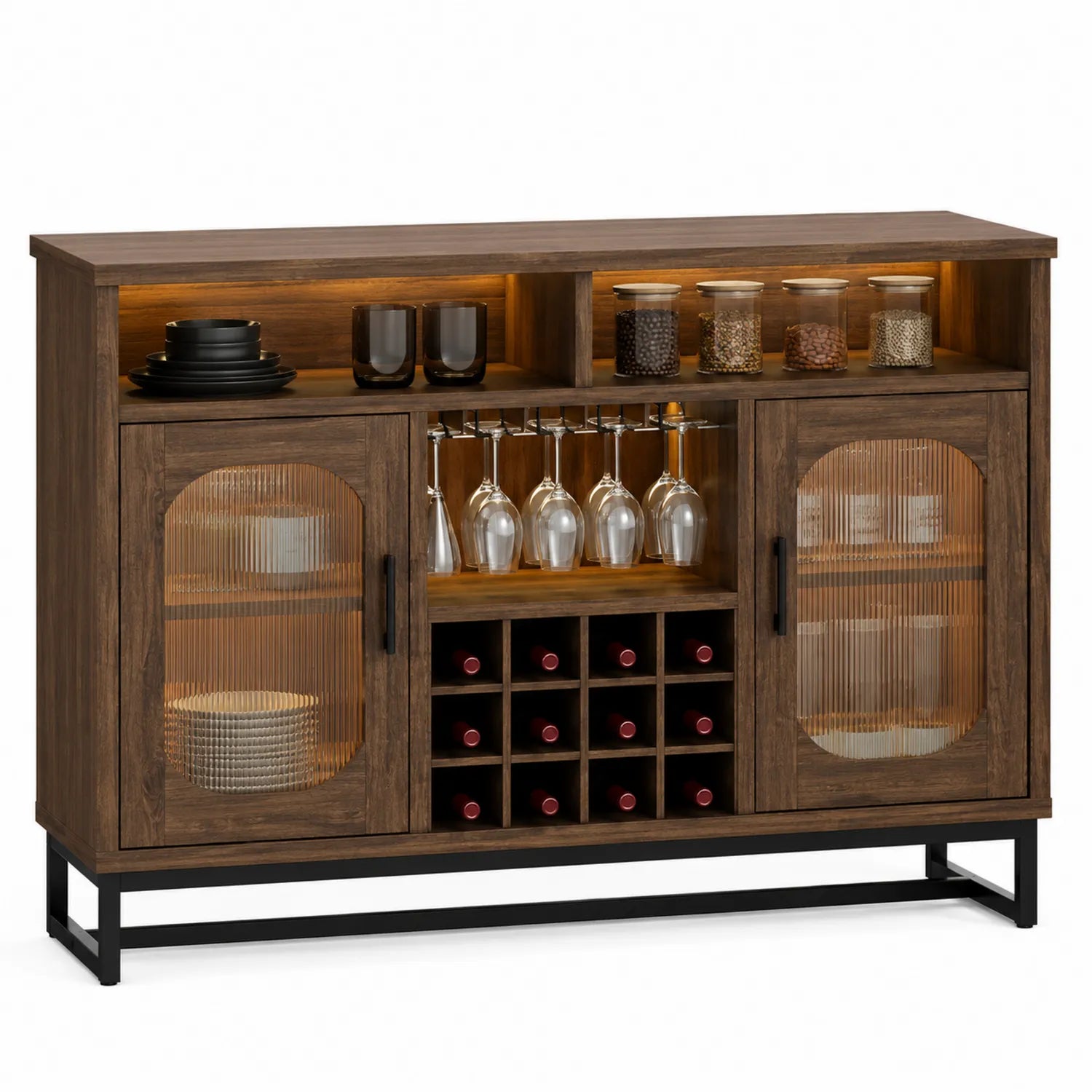 Massivholz Sideboard mit Geriffeltem Glas Braun 85cm Höhe 150cm Breite 40cm Tiefe