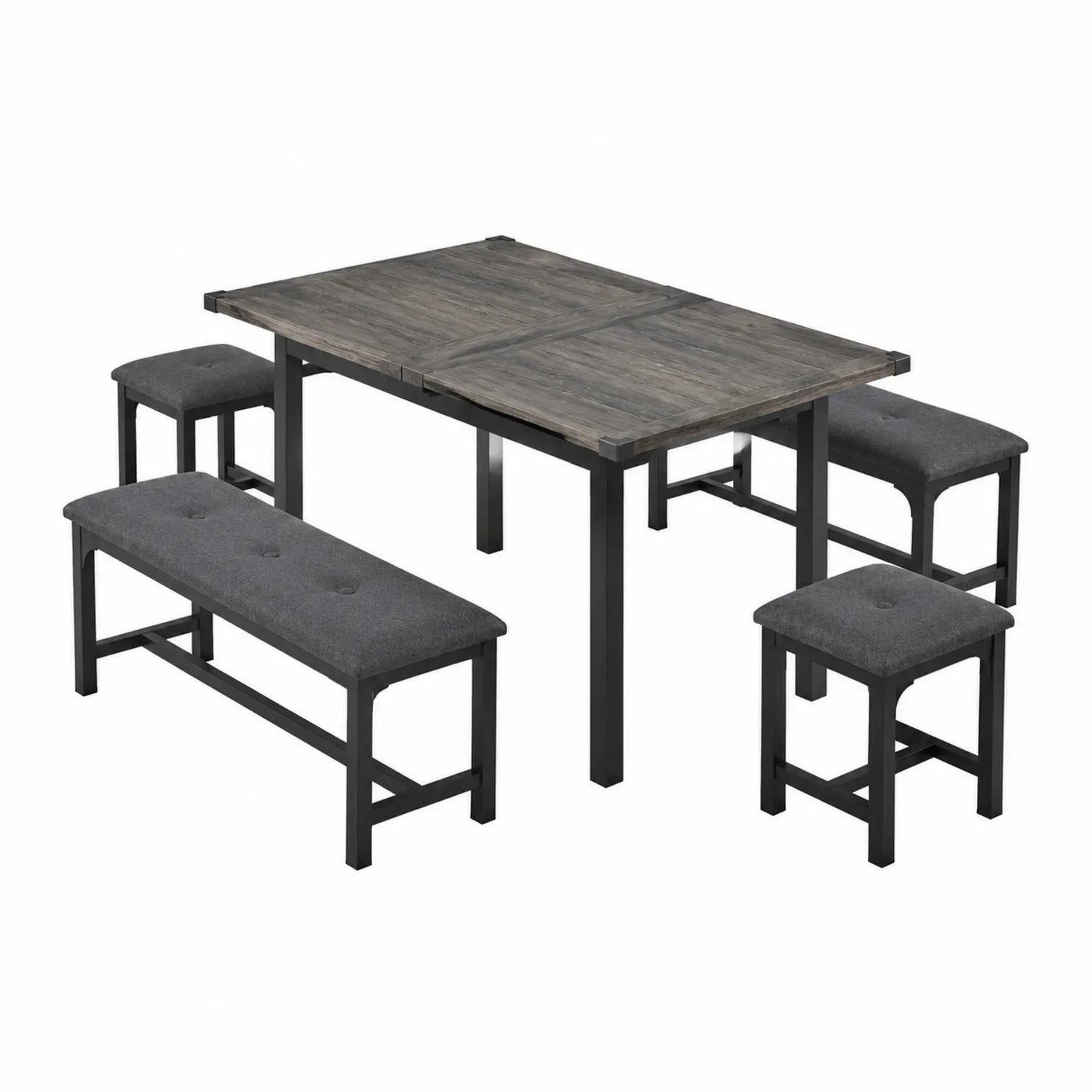Essgruppe mit Tisch, 4 Hockern und Bank, MDF, Metall, Dunkelgrau