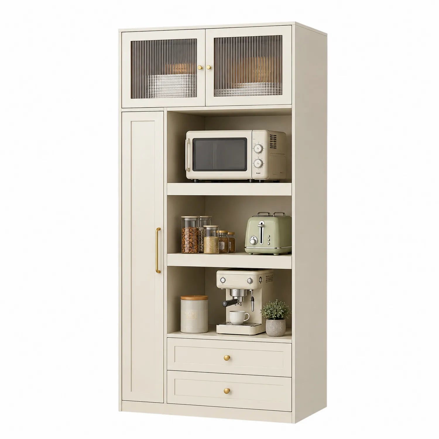 Küchenschrank aus MDF mit geriffeltem Glastüren Beige