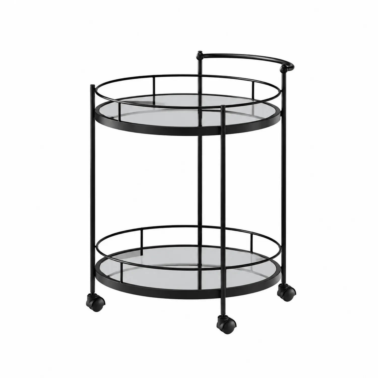 Runder Barwagen aus Metall und Glas mit Rollen, Schwarz