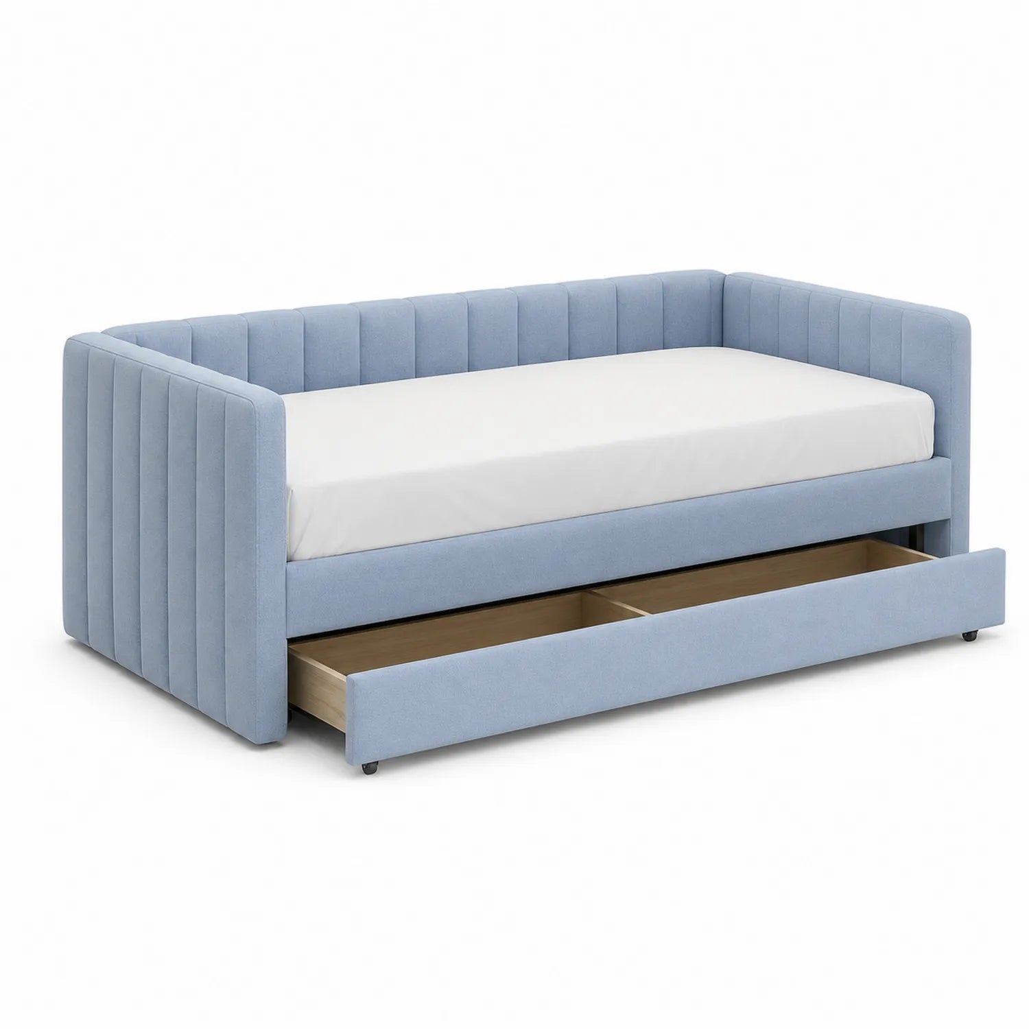 Tagesbett mit Ausziehbett und Schubladen, Stoff, Hellblau, 200x90 cm