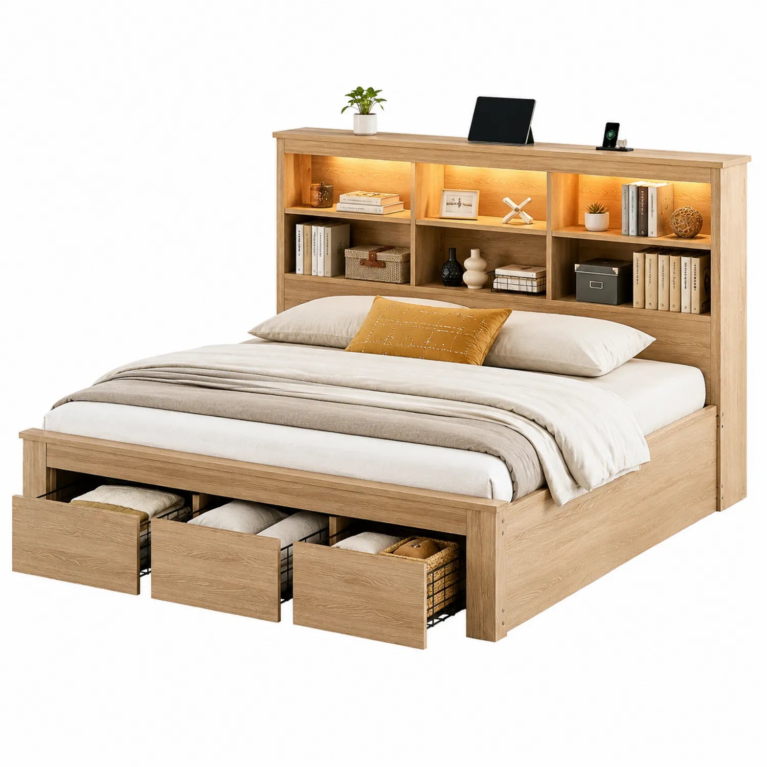 Holzbett mit Regal und Schubladen 200x160 cm Eiche