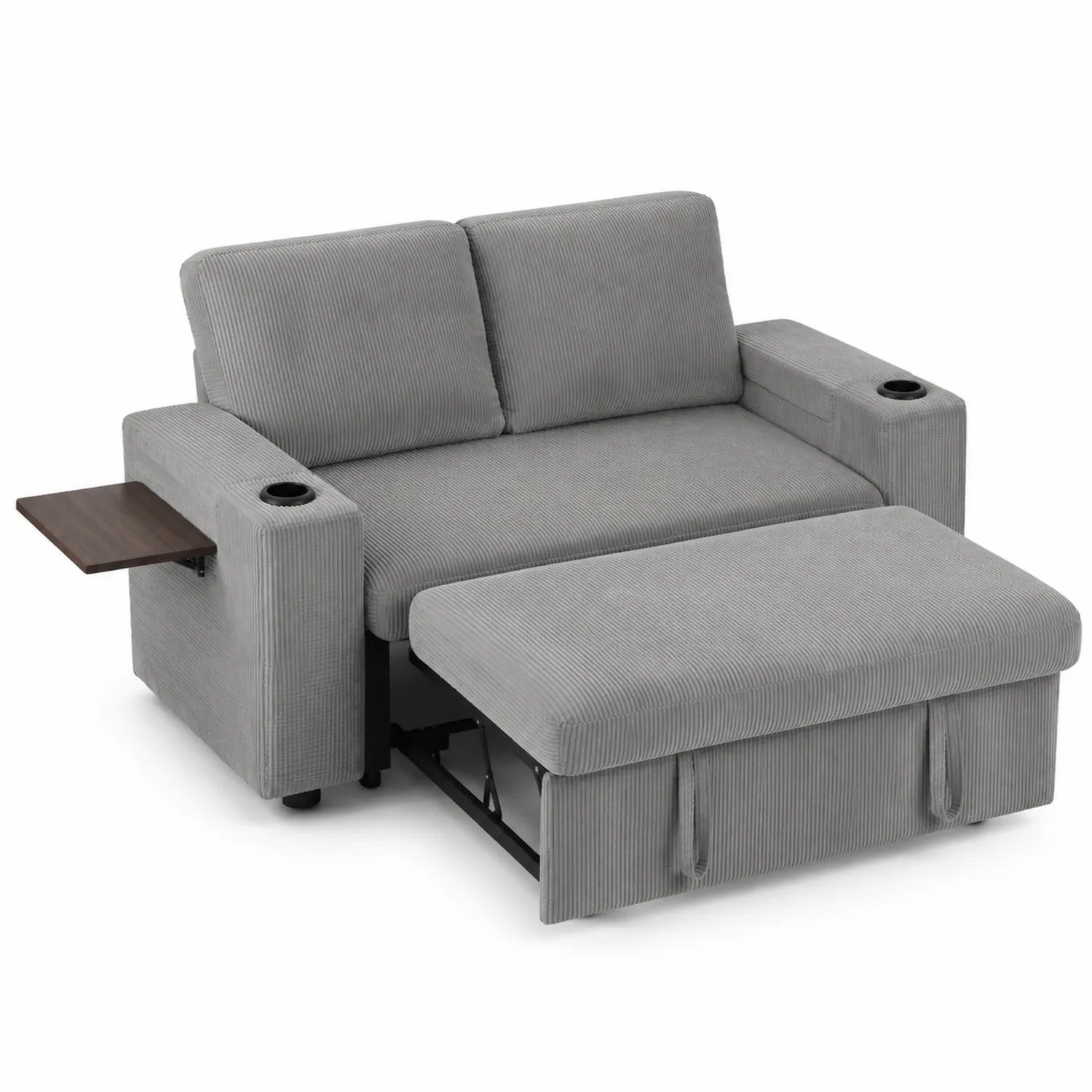 Zweisitziges Cord-Schlafsofa mit Holztisch Grau
