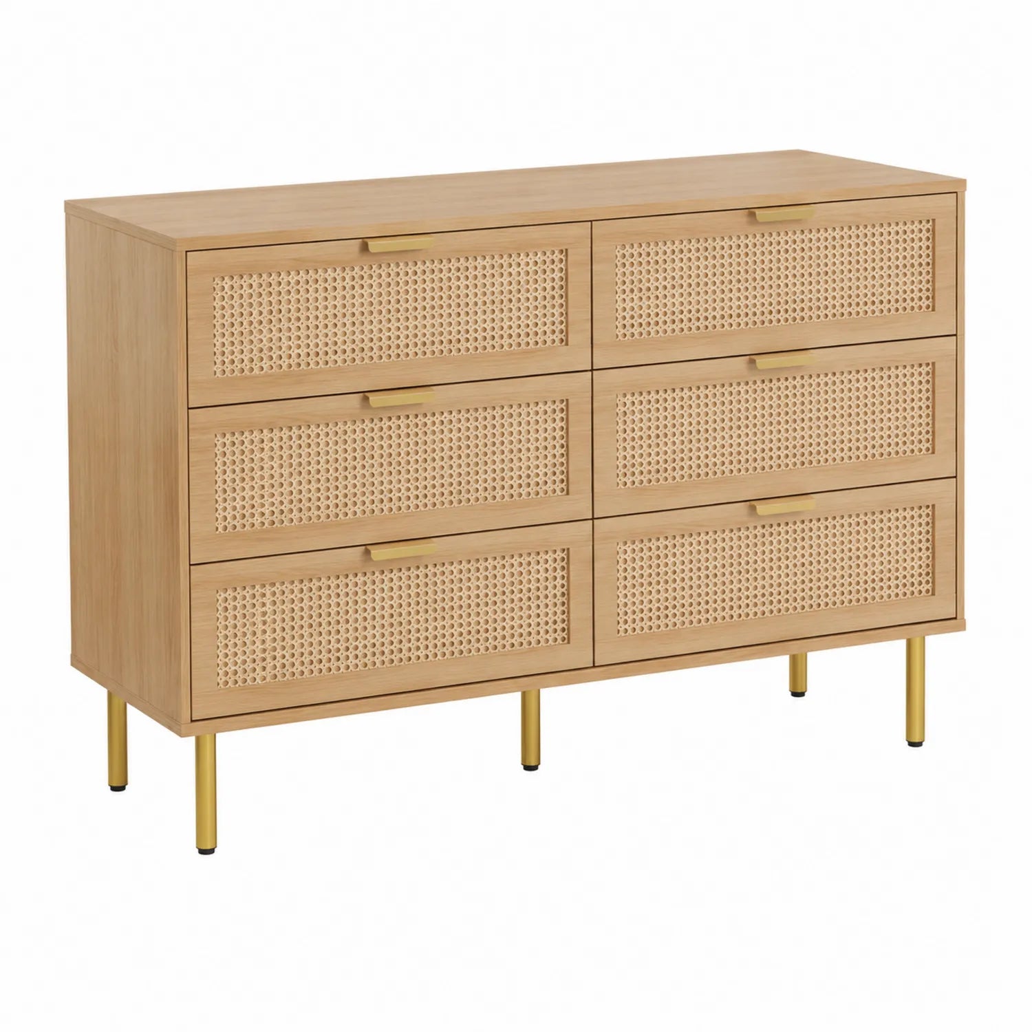 Holzkommode mit Rattanfronten und goldenen Beinen