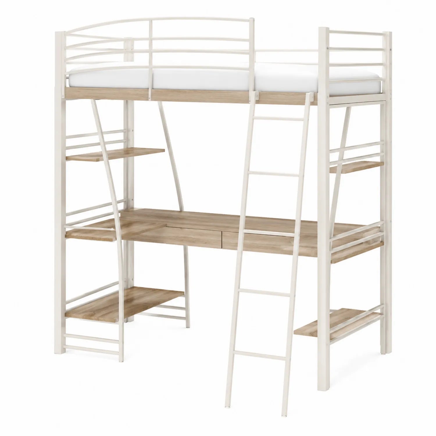 Hochbett mit Schreibtisch und Regalen aus Metall und Holz Weiß 200x100x180 cm