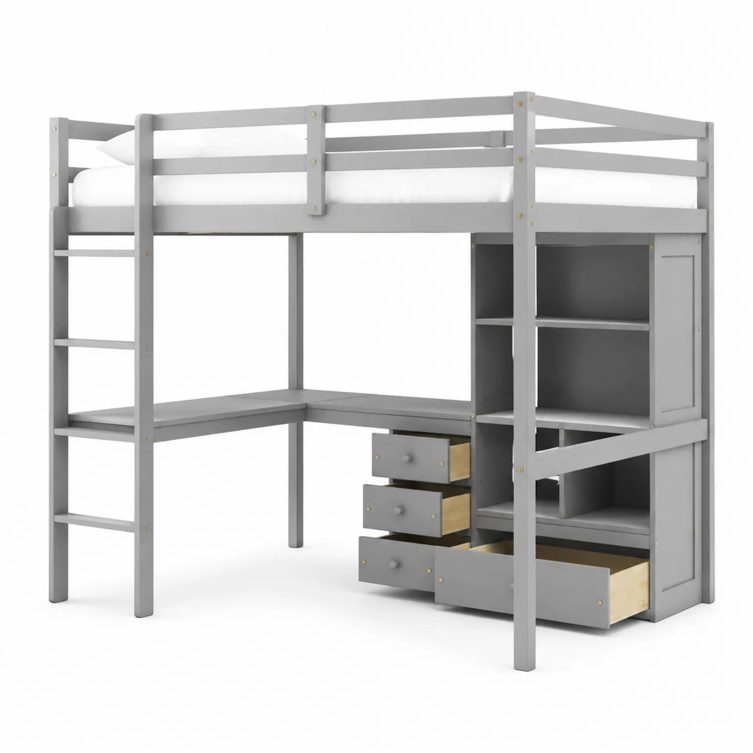 Hochbett aus Holz Grau mit Schreibtisch und Schubladen 200x90 cm