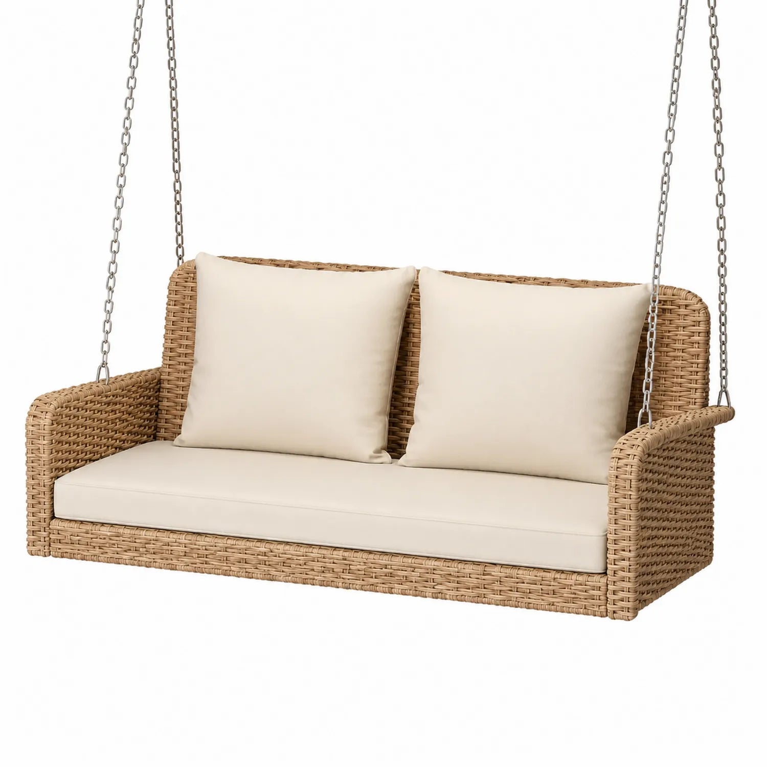 Rattanschaukelsofa mit Creme Kissen und Stahlketten