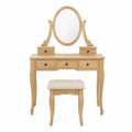 Schminktisch Set Eichenholz Natur Ovaler Spiegel 5 Schubladen Hocker Beige