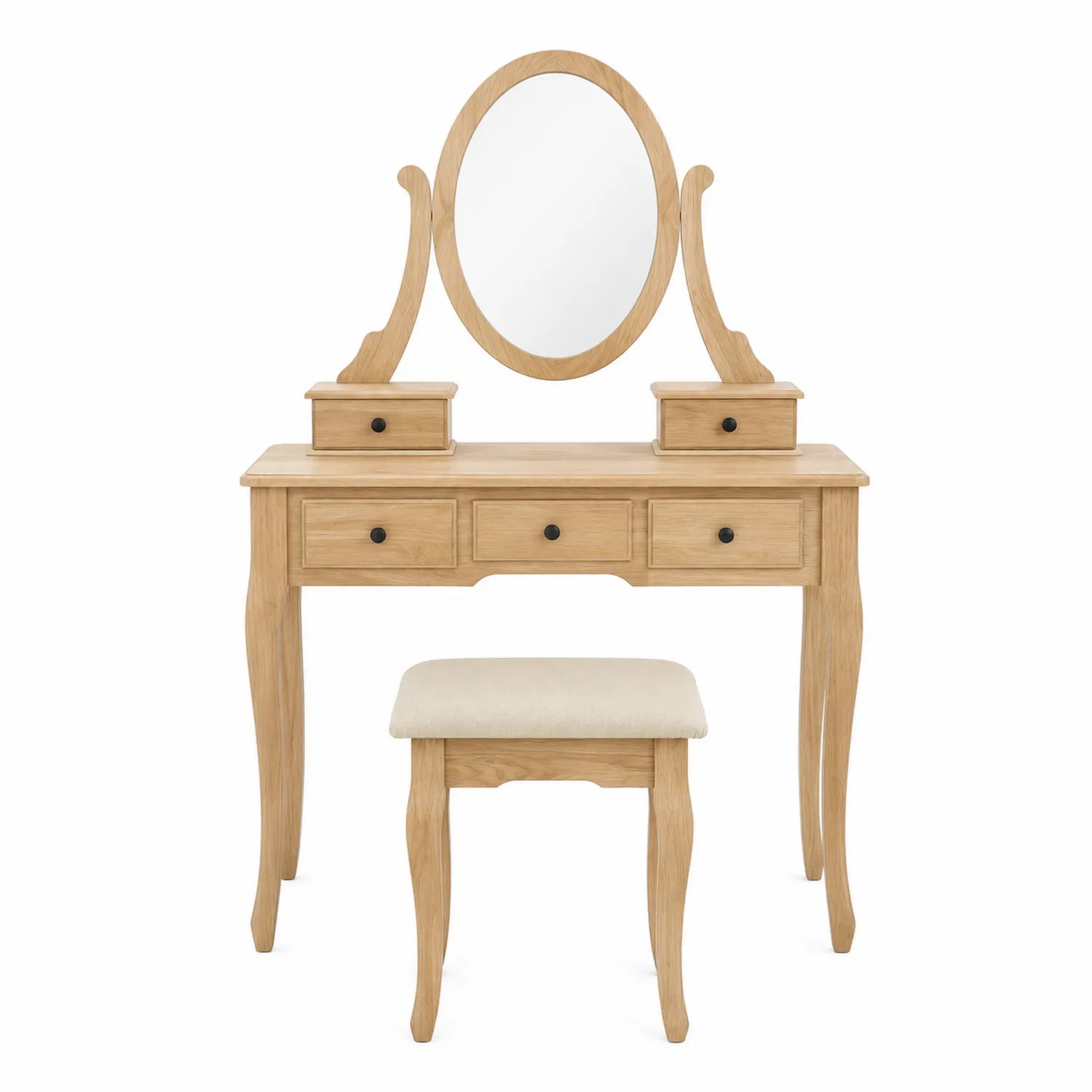 Schminktisch Set Eichenholz Natur Ovaler Spiegel 5 Schubladen Hocker Beige