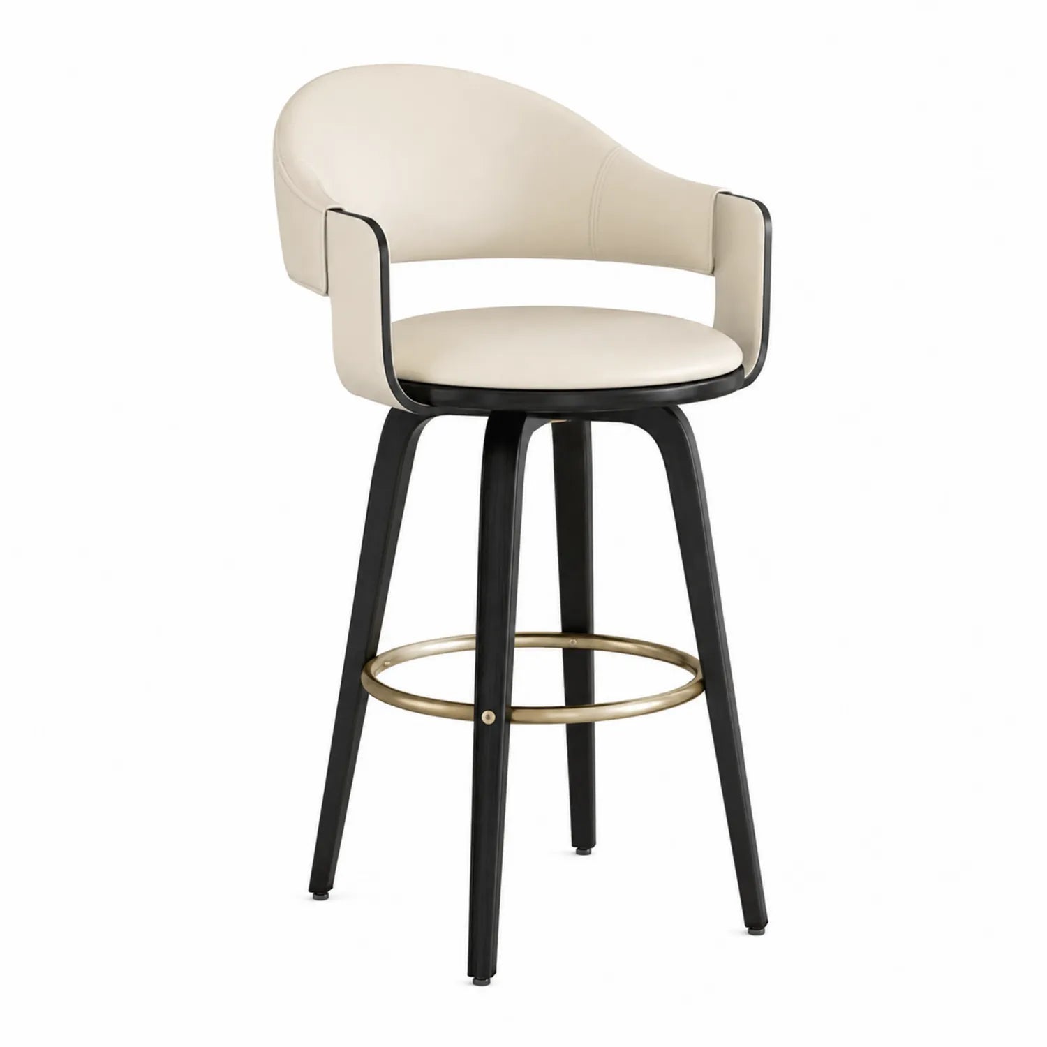 Barhocker aus PU-Kunstleder in Beige mit Holz und Edelstahl