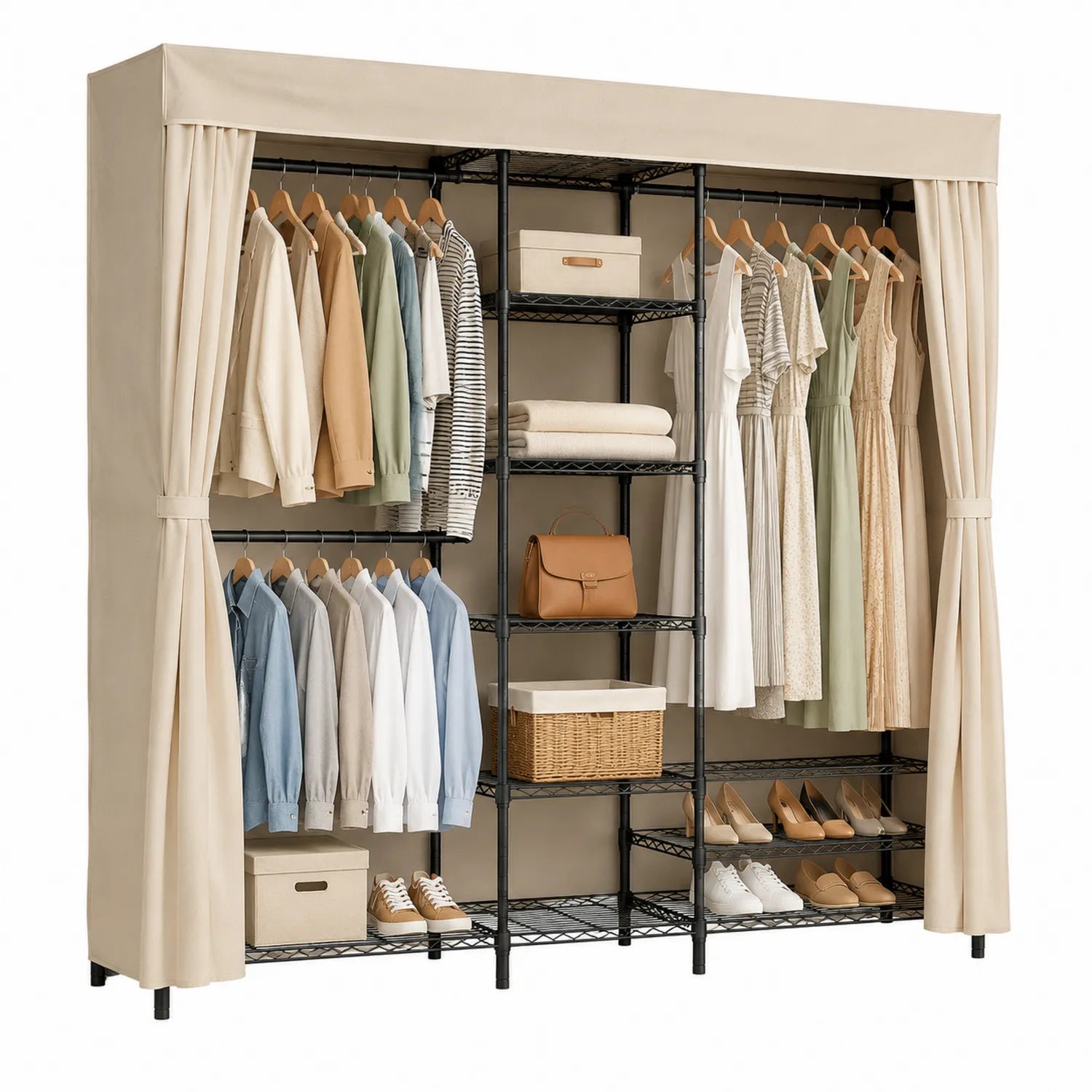 Metallkleiderschrank mit Stoffbezug, Beige und Schwarz