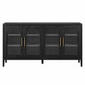 Schwarzer Holzschrank mit geriffeltem Glas und Metallgriffen