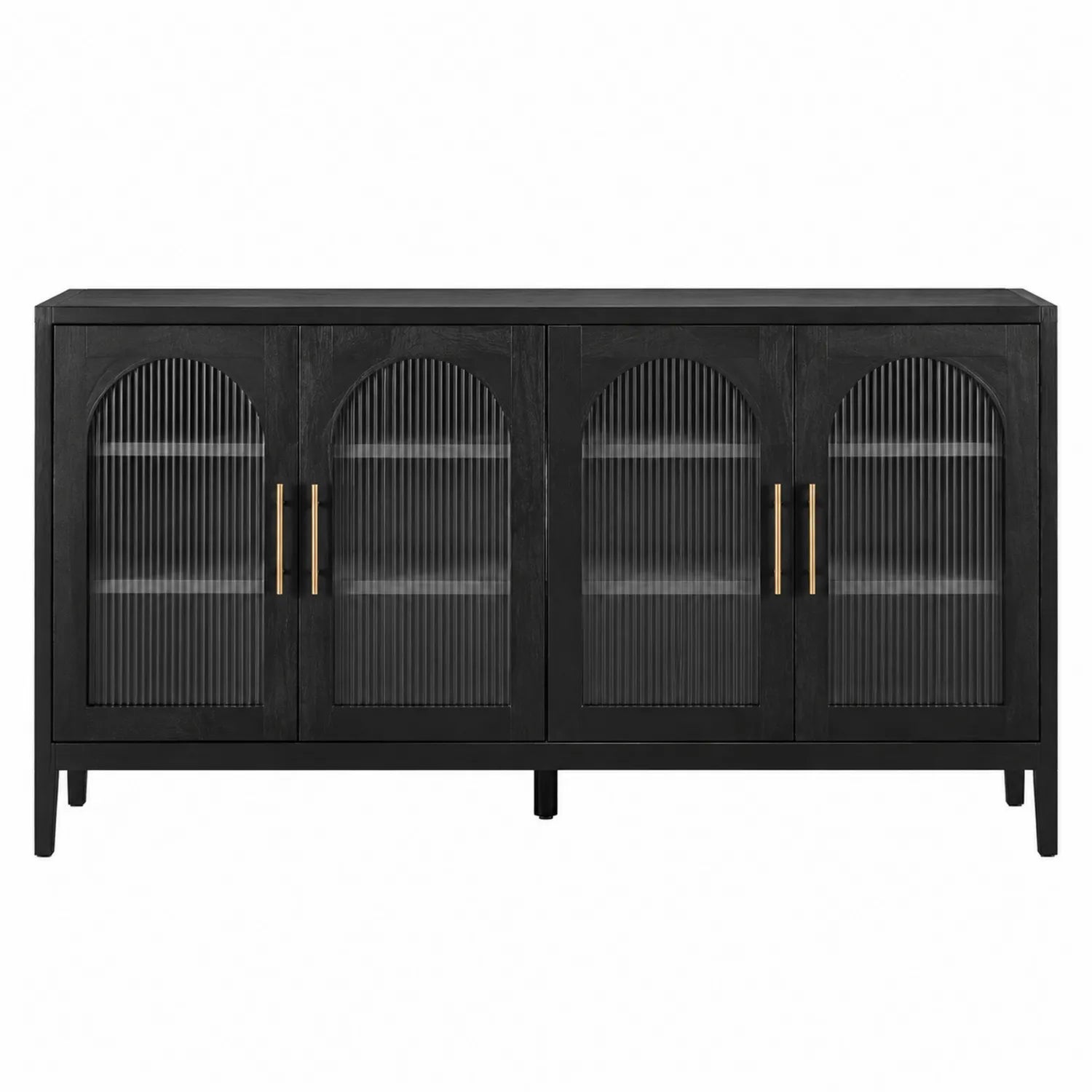 Schwarzer Holzschrank mit geriffeltem Glas und Metallgriffen